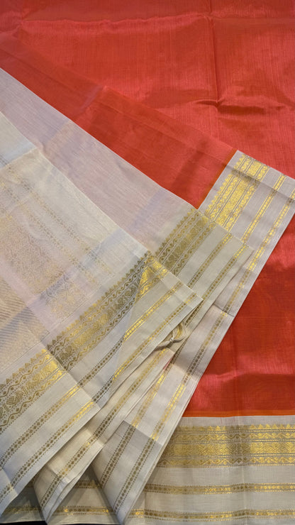 ORANGE WITH CONTRAST CREAM KANCHIPURAM SILK COTTON (KSC117)