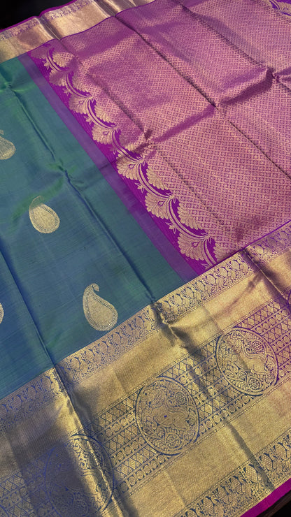 DUAL TONE PEACOCK BLUE & PURPLE HANDLOOM PURE KANICHIPURAM SILK SAREE (KSS414)