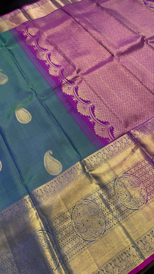 DUAL TONE PEACOCK BLUE & PURPLE HANDLOOM PURE KANICHIPURAM SILK SAREE (KSS414)