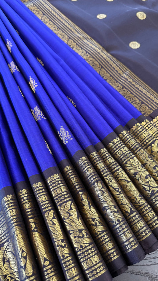 SAPPHIRE BLUE WITH CONTRAST DARK BROWN GOLD ZARI HANDLOOM KANICHIPURAM SILK SAREE (KSS117)