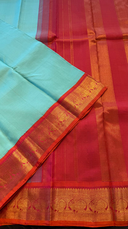 MINT GREEN WITH CONTRAST KANAKAMBARAM ORANGE HANDLOOM KANCHIPURAM SILK SAREE (KSS 497))