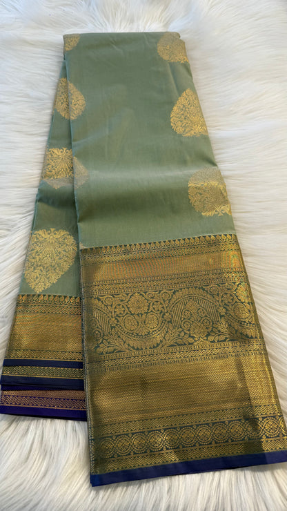 PASTEL MINT WITH CONTRAST BLUE SILK KANICHIPURAM SILK SAREE (SSKS54)