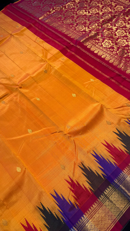 YELLOW WITH CONTRAST PURPLE AND PINK PURE HANDLOOM KANCHIPURAM SINGLE SIDE BORDER SILK SAREE (KSSB35)