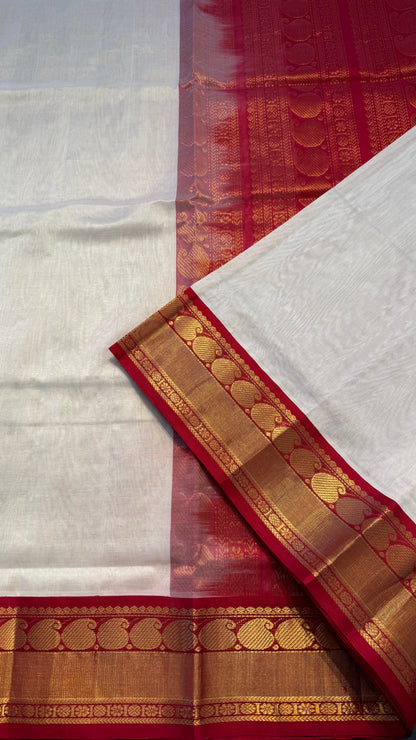 CREAM WITH RED BORDER HANDLOOM KANCHIPURAM SILK COTTON (KSC93)