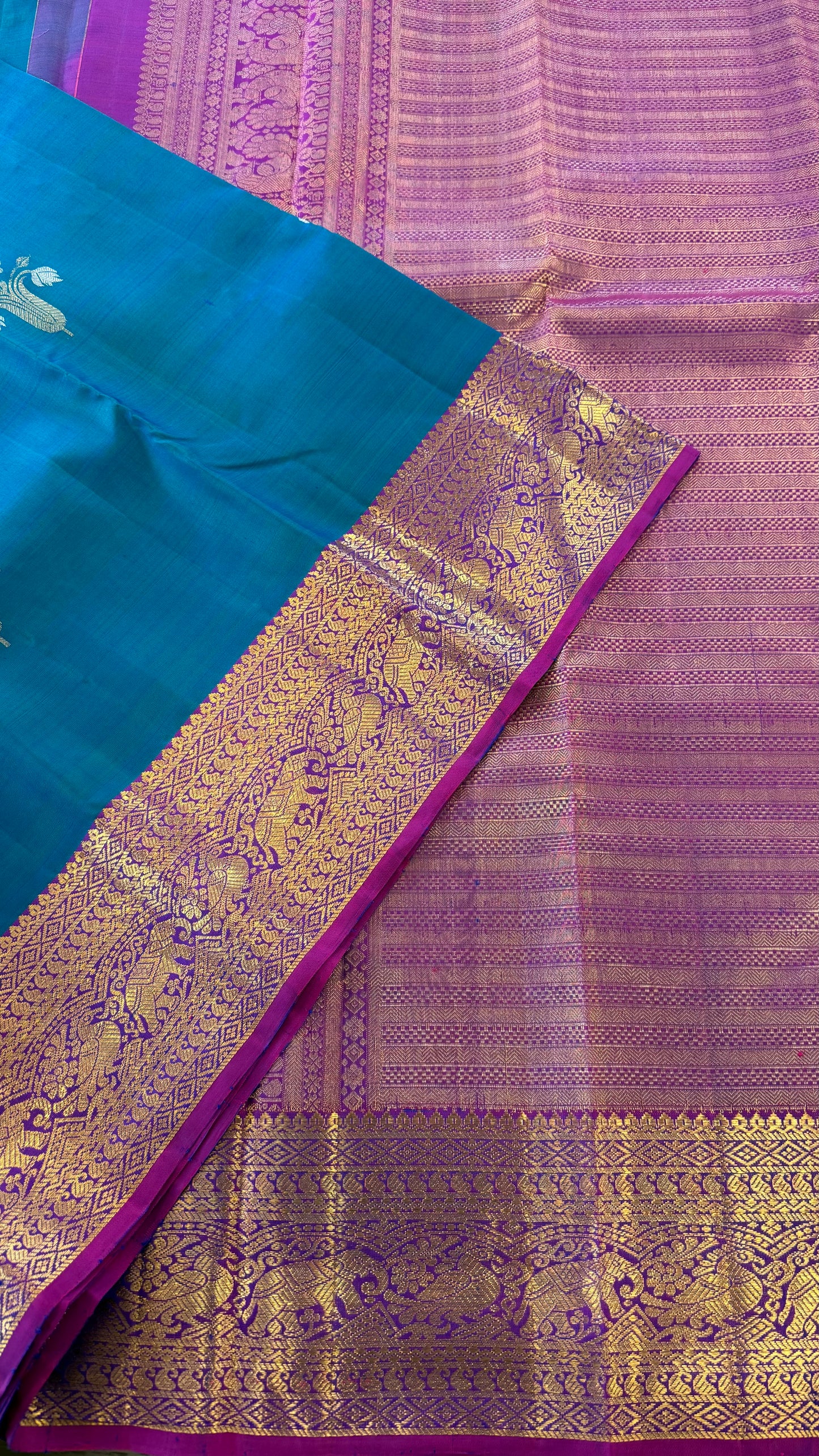TEAL BLUE GREEN WITH CONTRAST PURPLE GOLD ZARI HANDLOOM KANICHIPURAM SILK SAREE (KSS153)