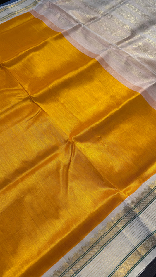 GOLDEN MUSTARD WITH OFF WHITE HANDLOOM KANCHIPURAM SILK COTTON (KSC121)