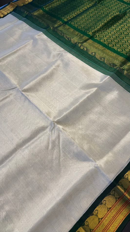 CREAM WITH DARK GREEN HANDLOOM KANCHIPURAM SILK COTTON (KSC96)