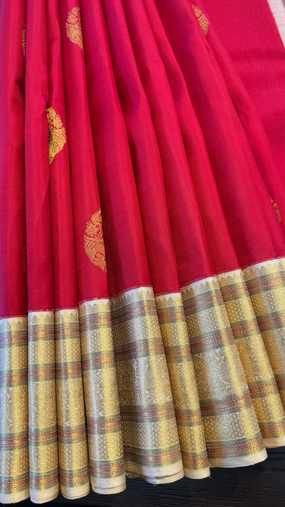 VERMILION RED CONTRAST WITH CREAM GOLD ZARI PURE HANDLOOM KANCHIPURAM SILK SAREE (KSS 498)