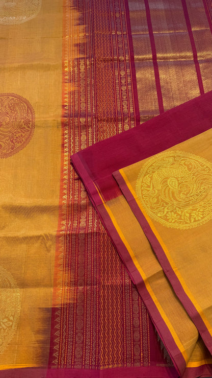 SAFFRON WITH MAROON HANDLOOM KANCHIPURAM SILK COTTON (KSC59)
