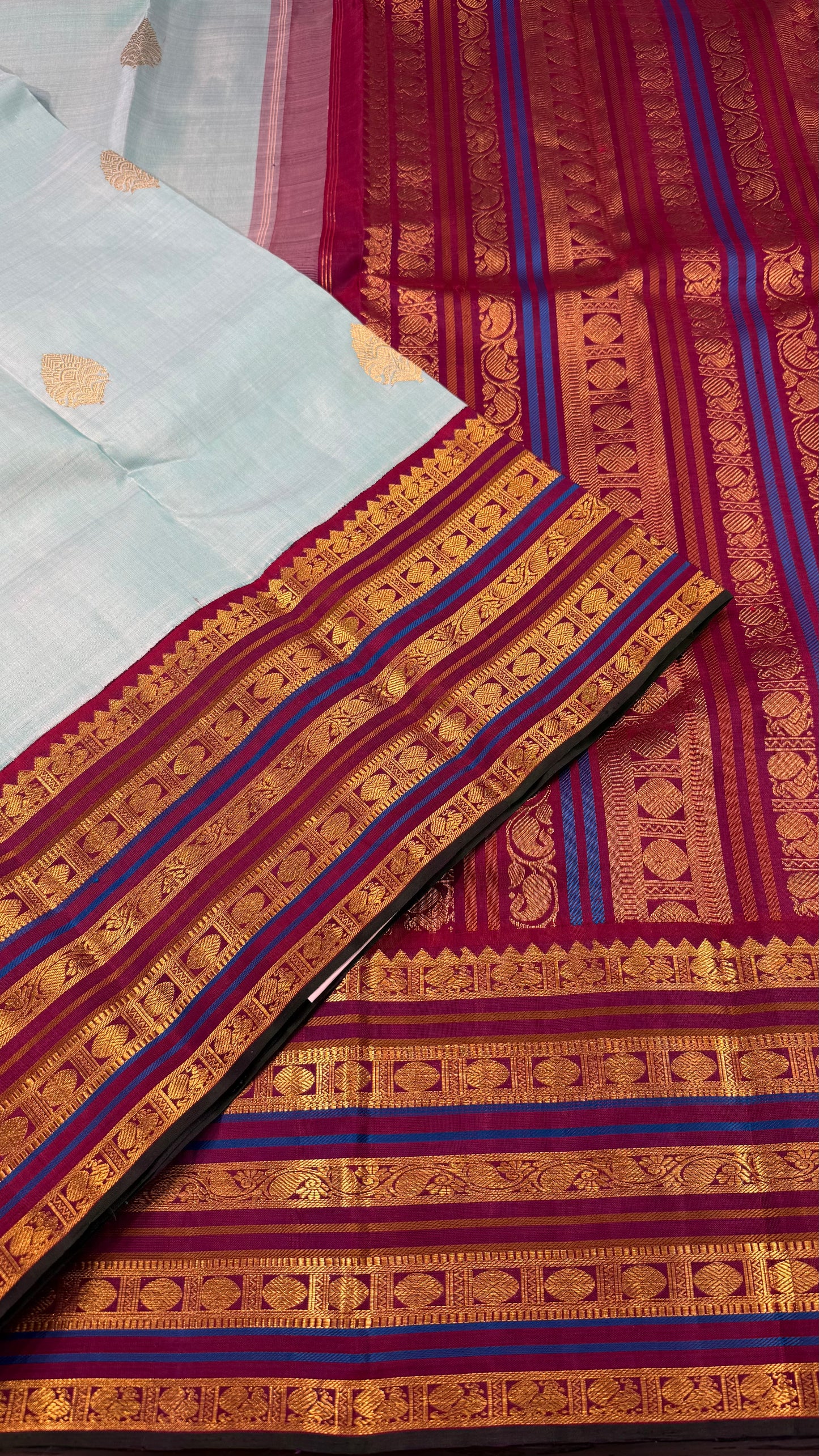 TURQUOISE BLUE WITH CONTRAST PURPLE GOLD ZARI HANDLOOM KANCHIPURAM SILK SAREE (KSS299)