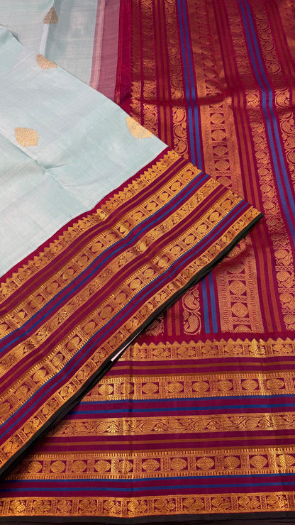 TURQUOISE BLUE WITH CONTRAST PURPLE GOLD ZARI HANDLOOM KANCHIPURAM SILK SAREE (KSS299)