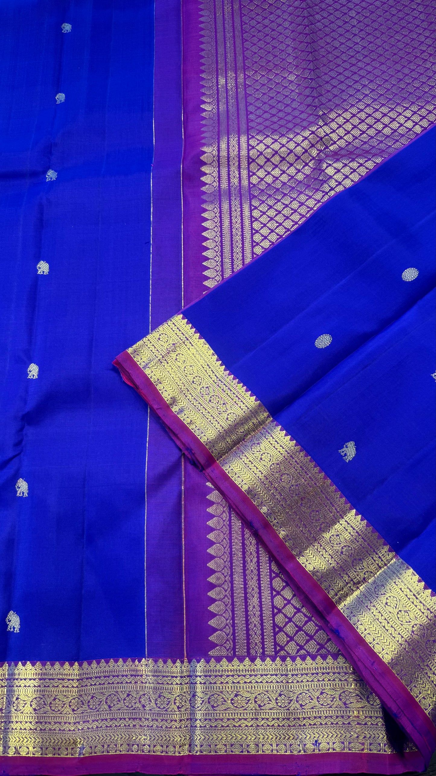 INDIGO WITH CONTRAST VADAMALLI PURPLE GOLD ZARI HANDLOOM KANCHIPURAM SILK SAREE (KSS334)