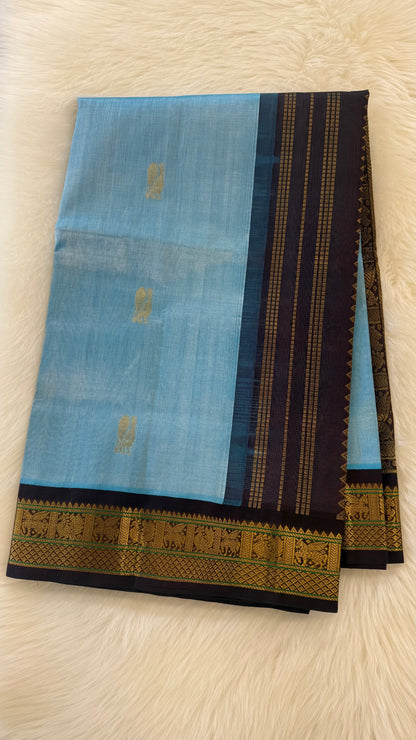 SKY BLUE WITH CONTRAST DARK BROWN KANCHIPURAM SILK COTTON (KSC74)