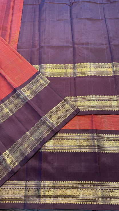 VAIRA OOSI RUST WITH CONTRAST DARK BROWN BORDER HANDLOOM KANCHIPURAM SILK SAREE (KSS449)