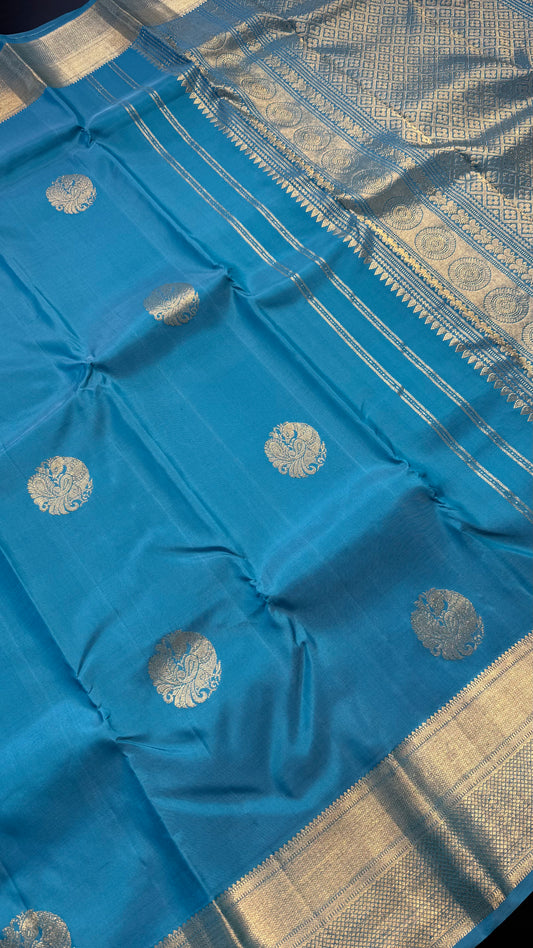 AQUA BLUE GOLD ZARI HANDLOOM KANICHIPURAM SILK SAREE (KSS408)