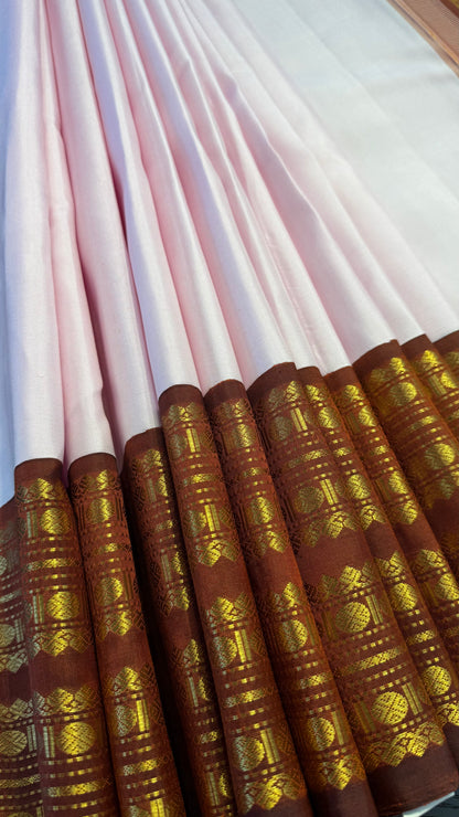 BABY PINK WITH CONTRAST DARK BROWN GOLD ZARI HANDLOOM KANICHIPURAM SILK SAREE (KSS176)