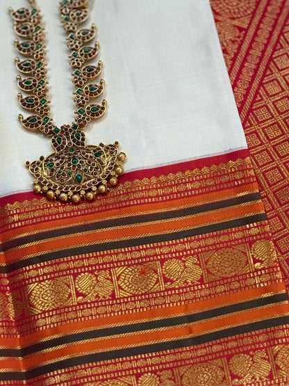CLASSIC WHITE & RED PURE KANCHIPURAM HANDLOOM SILK SAREE (KSS701)