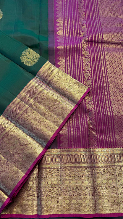 DUAL TONE GREEN WITH CONTRAST MAGENTA GOLD ZARI HANDLOOM KANCHIPURAM SILK SAREE (KSS386)