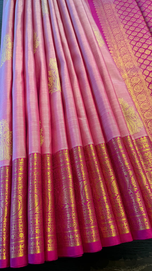 BLUSH PINK CONTRAST WITH MAGENTA GOLD ZARI PURE HANDLOOM  KANCHIPURAM SILK SAREE (KSS496)