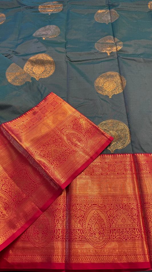 GREEN WITH CONTRAST RED SILK KANICHIPURAM SILK SAREE (SSKS38)