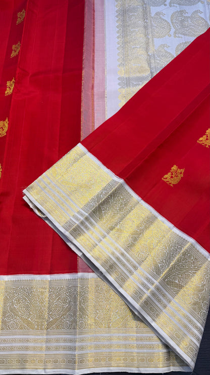 CHILI RED WITH CONTRAST WHITE GOLD ZARI HANDLOOM KANICHIPURAM SILK SAREE (KSS287)