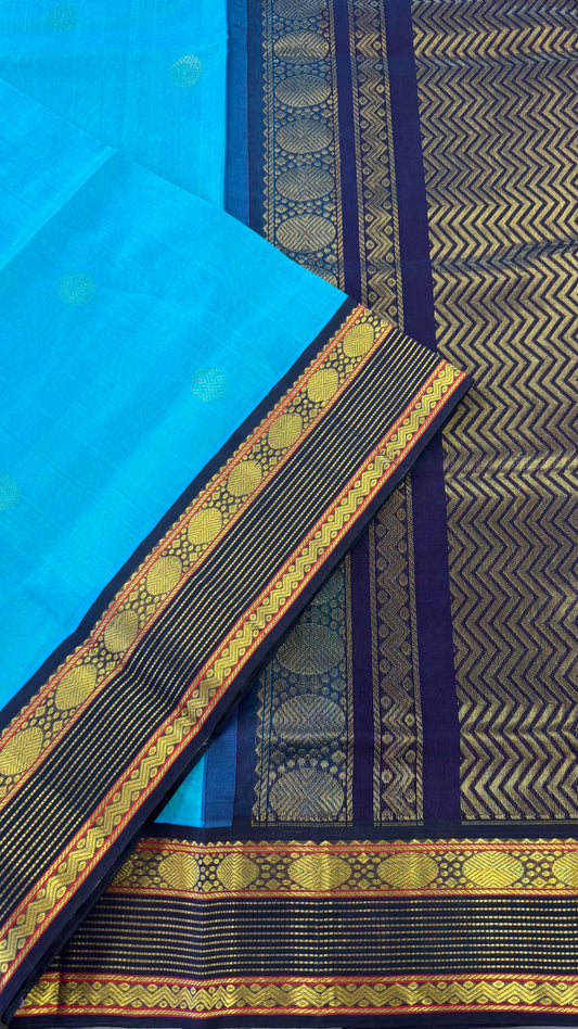 TURQUIOSE BLUE WITH CONTRAST BLACK HANDLOOM KANCHIPURAM SILK COTTON (KSC18)