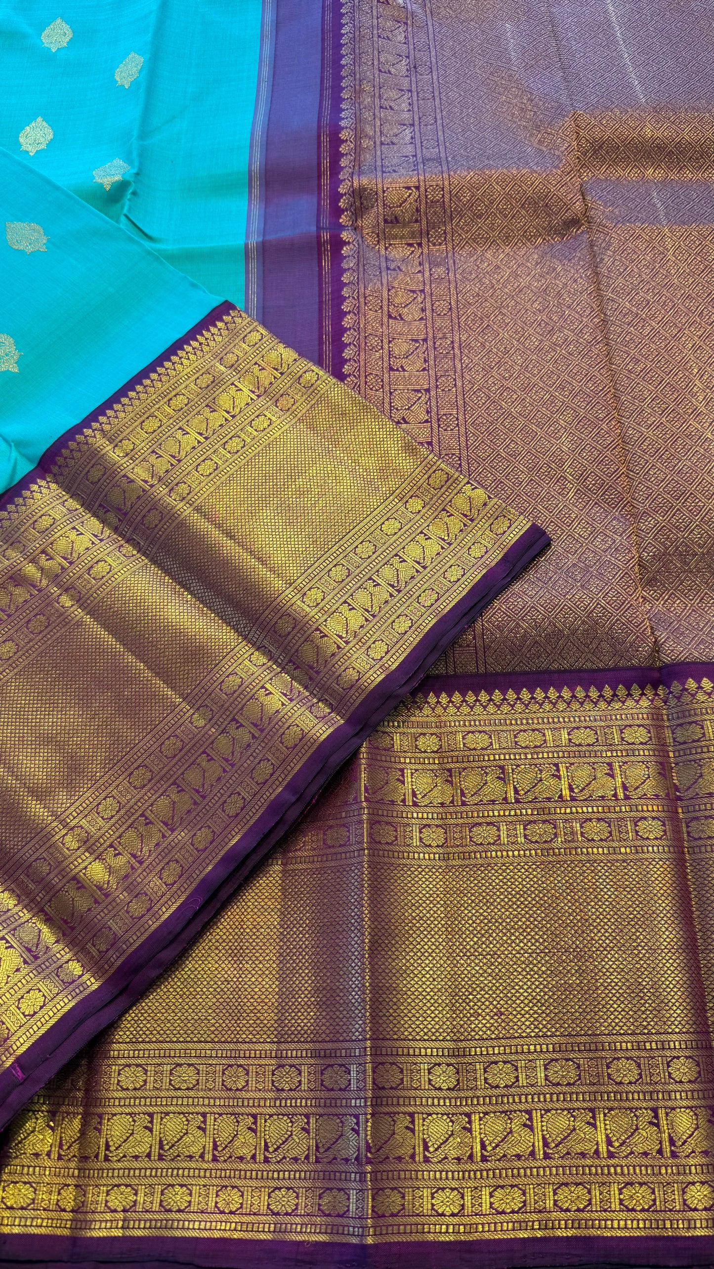 BRIGHT TEAL WITH CONTRAST PURPLE GOLD ZARI HANDLOOM KANCHIPURAM SILK SAREE (KSS483)