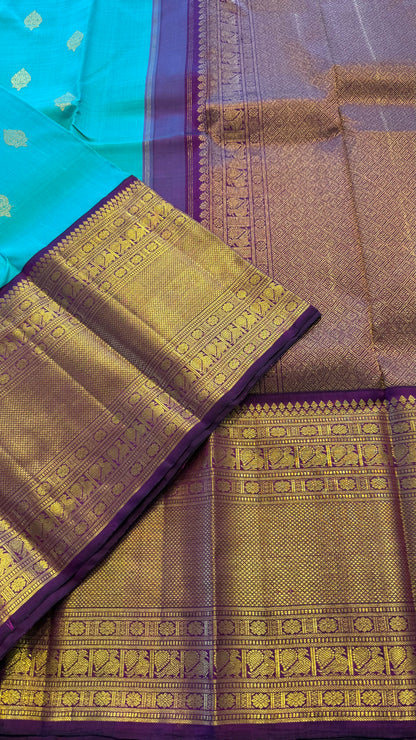 BRIGHT TEAL WITH CONTRAST PURPLE GOLD ZARI HANDLOOM KANCHIPURAM SILK SAREE (KSS483)