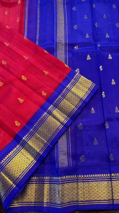 RED WITH CONTRAST PURPLE PURE HANDLOOM KANCHIPURAM SINGLE SIDE BORDER SILK SAREE (KSSB07)