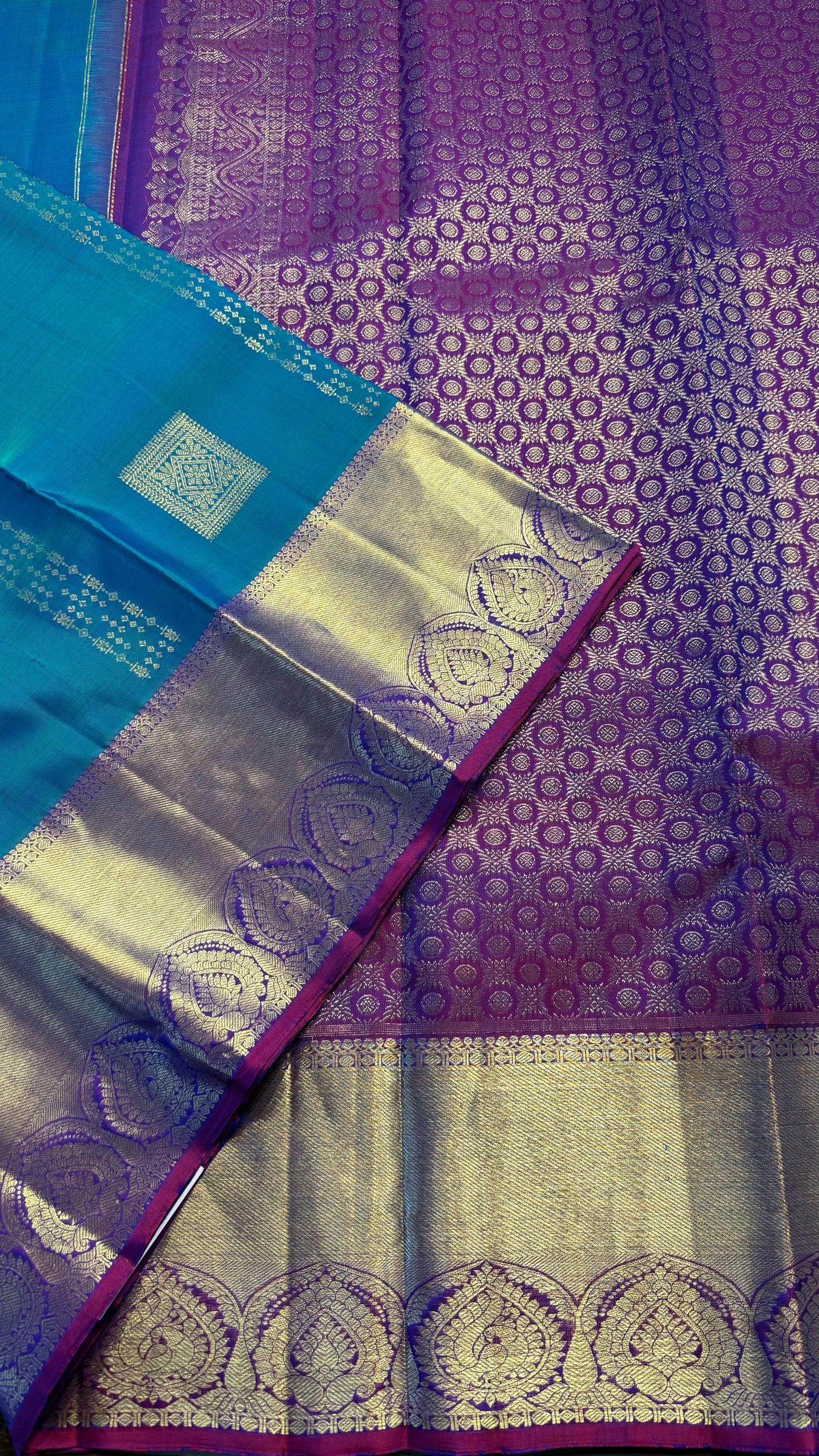 PEACOCK BLUE CONTRAST PURPLE GOLD ZARI HANDLOOM KANCHIPURAM SILK SAREE (KSS391)