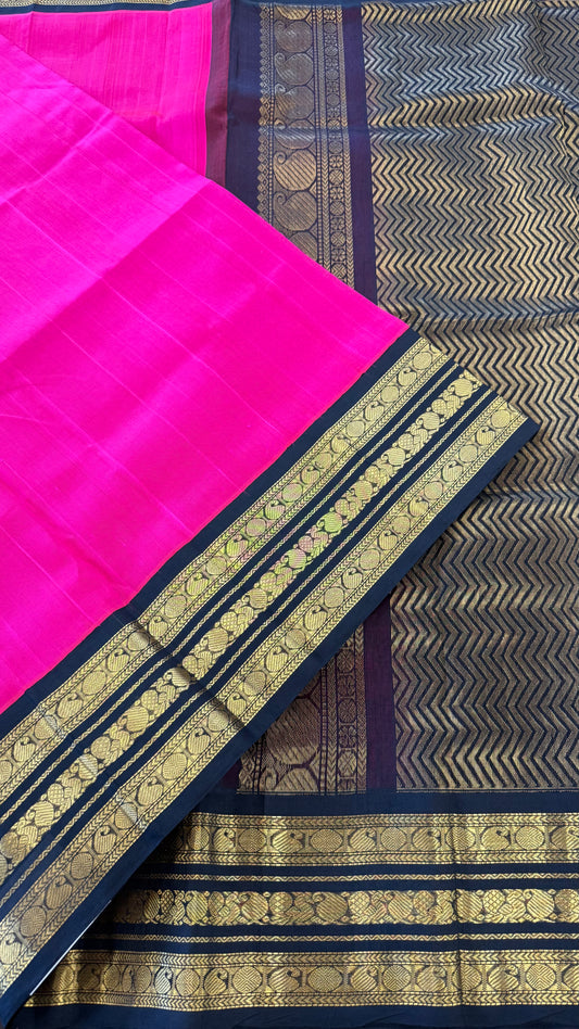 RANI PINK WITH CONTRAST BLACK KANCHIPURAM SILK COTTON (KSC90)