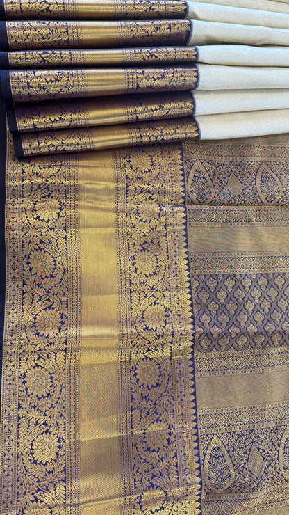 BRIDAL WHITE SILVER ZARI WITH CONTRAST INDIGO HANDLOOM KANICHIPURAM SILK SAREE (KSS136)