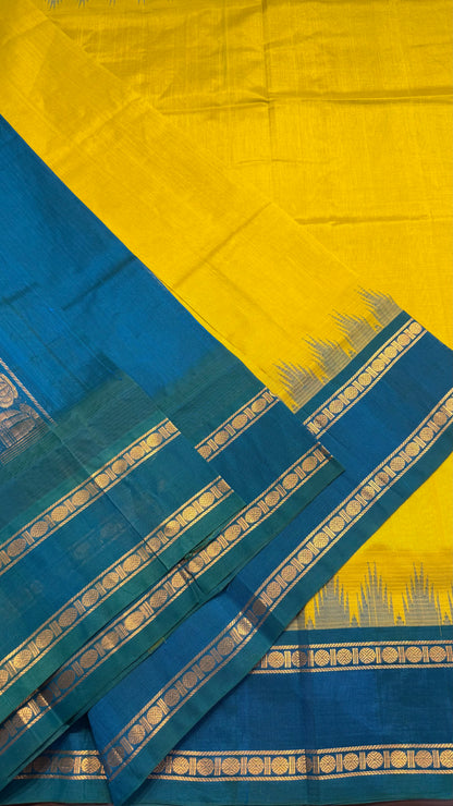 LEMON YELLOW WITH TURQUIOSE BLUE TRADITIONAL RETTAI PETTA BORDER HANDLOOM KANCHIPURAM SILK COTTON (KSC41)