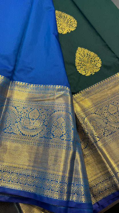 EMERALD GREEN WITH CONTRAST BLUE SEMI SILK KANICHIPURAM SILK SAREE (SSKS37)