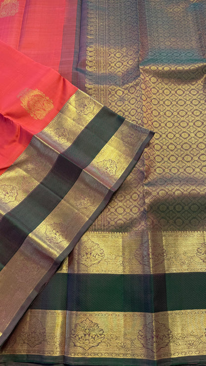 SALMON ORANGE WITH CONTRAST GREEN HANDLOOM KANCHIPURAM SILK SAREE (KSS359)