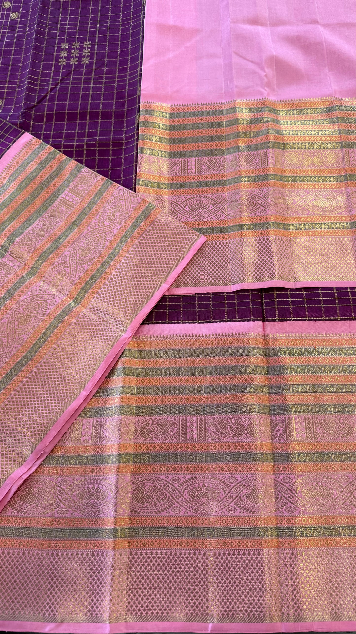 PLUM PURPLE CHECKED WITH CONTRAST PINK GOLD ZARI HANDLOOM KANICHIPURAM SILK SAREE (KSS282)