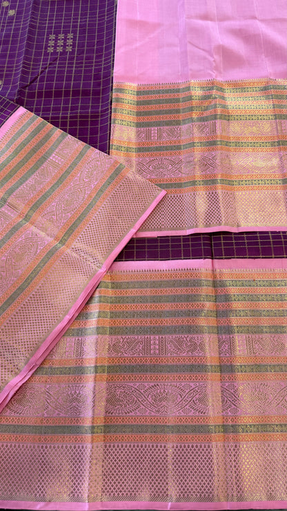 PLUM PURPLE CHECKED WITH CONTRAST PINK GOLD ZARI HANDLOOM KANICHIPURAM SILK SAREE (KSS282)