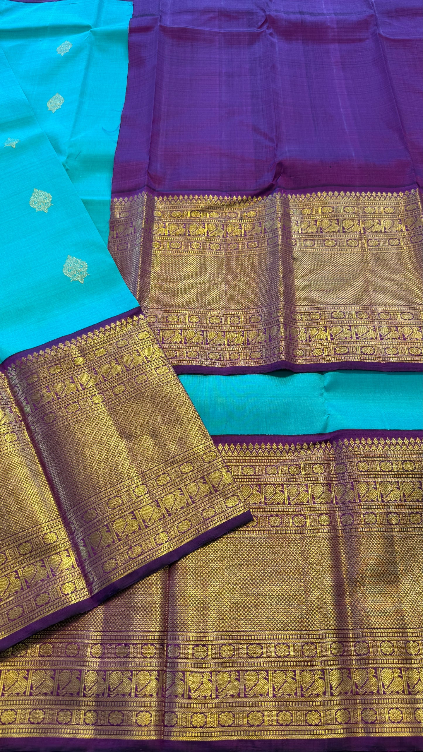 BRIGHT TEAL WITH CONTRAST PURPLE GOLD ZARI HANDLOOM KANCHIPURAM SILK SAREE (KSS483)