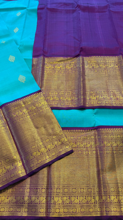BRIGHT TEAL WITH CONTRAST PURPLE GOLD ZARI HANDLOOM KANCHIPURAM SILK SAREE (KSS483)