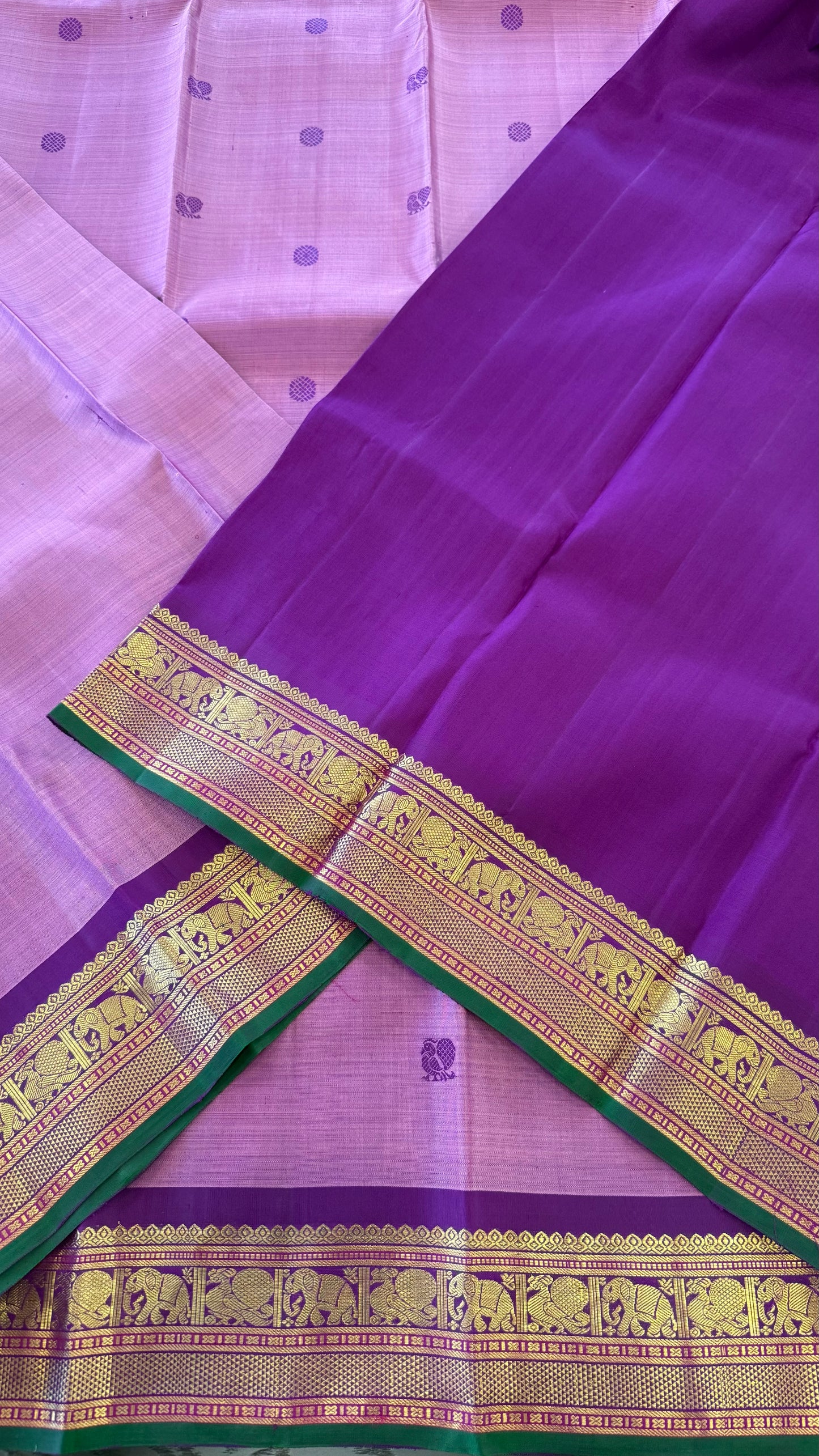 PINK WITH CONTRAST PURPLE GOLD ZARI HANDLOOM KANICHIPURAM SILK SAREE (KSS150)