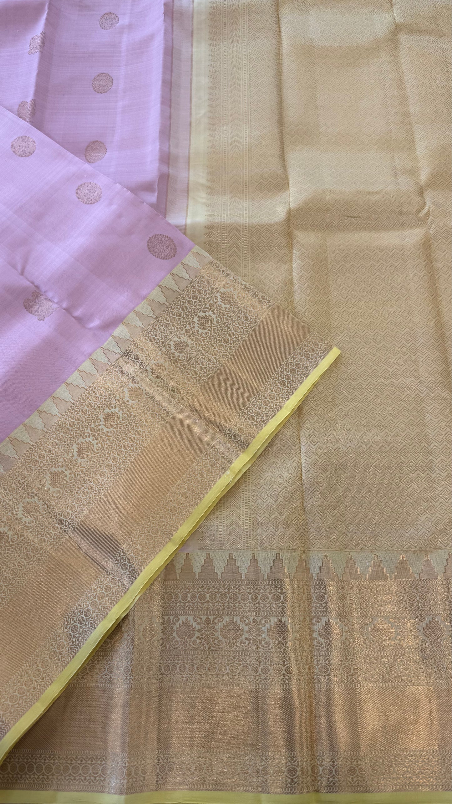 PASTEL PINK WITH CONTRAST LEMON YELLOW GOLD ZARI HANDLOOM KANICHIPURAM SILK SAREE (KSS267)