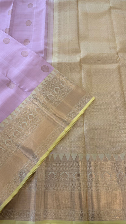 PASTEL PINK WITH CONTRAST LEMON YELLOW GOLD ZARI HANDLOOM KANICHIPURAM SILK SAREE (KSS267)