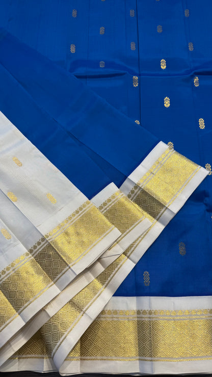 ROYAL BLUE WITH CONTRAST WHITE PURE HANDLOOM KANCHIPURAM SINGLE SIDE BORDER SILK SAREE (KSSB23)