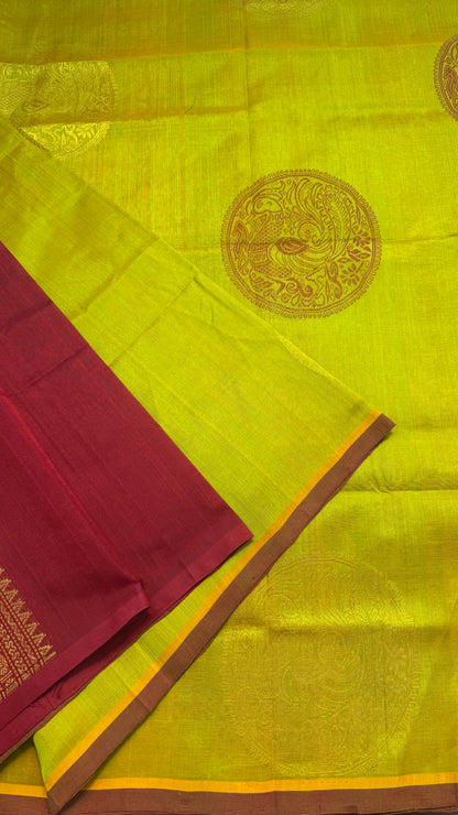 BORDERLESS OLIVE GREEN WITH CONTRAST MAROON KANCHIPURAM SILK COTTON (KSC62)