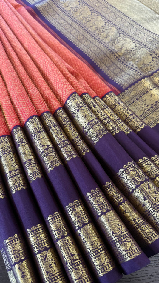 RUST ORANGE WITH CONTRAST DEEP PURPLE GOLD ZARI HANDLOOM KANICHIPURAM SILK SAREE (KSS139)