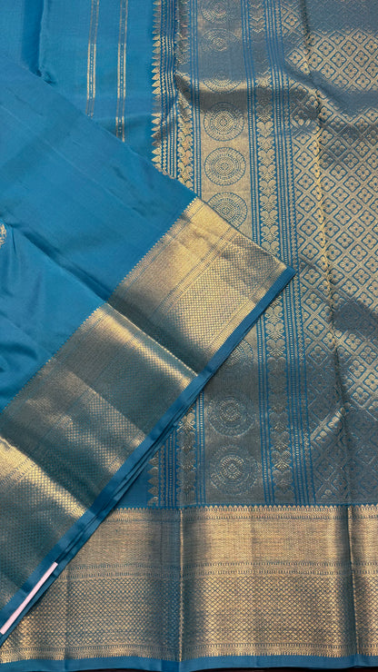 AQUA BLUE GOLD ZARI HANDLOOM KANICHIPURAM SILK SAREE (KSS408)