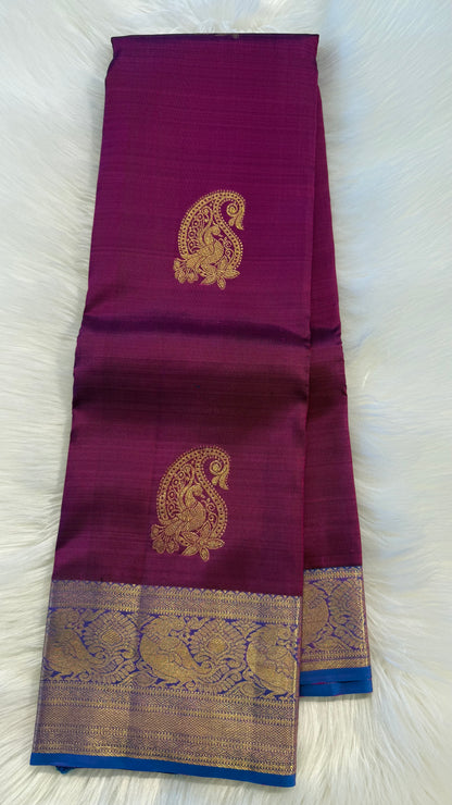 GRAPE PURPLE WITH CONTRAST DUAL TONE BLUE GOLD ZARI HANDLOOM KANCHIPURAM SILK SAREE (KSS340)