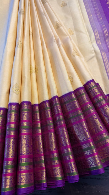 CREAM WITH CONTRAST PURPLE GOLD ZARI HANDLOOM KANCHIPURAM SILK SAREE (KSS288)