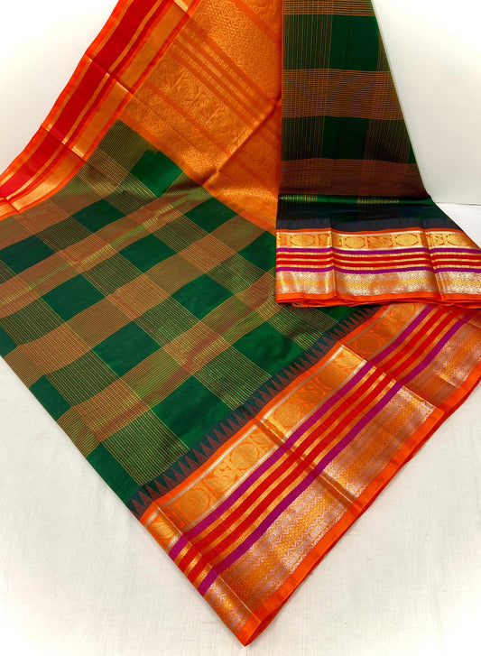GREEN WITH ORANGE TRADITIONAL CHECKED KUPPADAM HANDLOOM KANCHIPURAM SILK COTTON (KSC53)