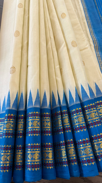 CREAM WITH CONTRAST BLUE PURE HANDLOOM KANCHIPURAM SINGLE SIDE BORDER SILK SAREE (KSSB32)